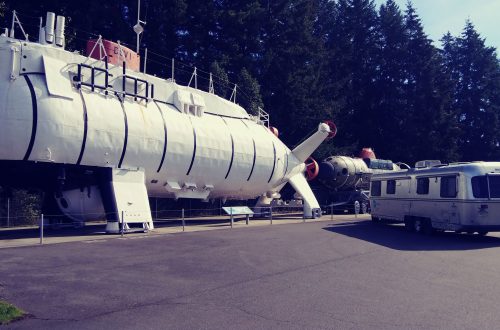 Avion travel trailer parked by submarine Triest