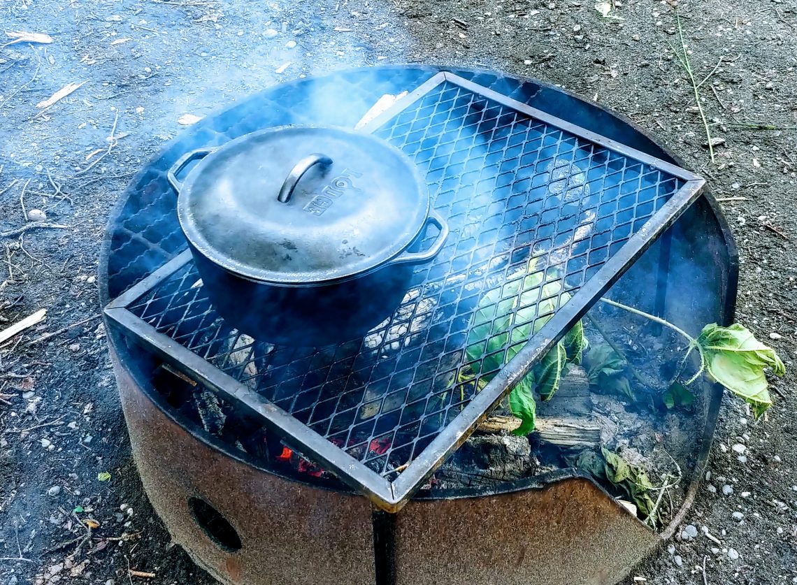 Lodge Dutch oven on a camp fire